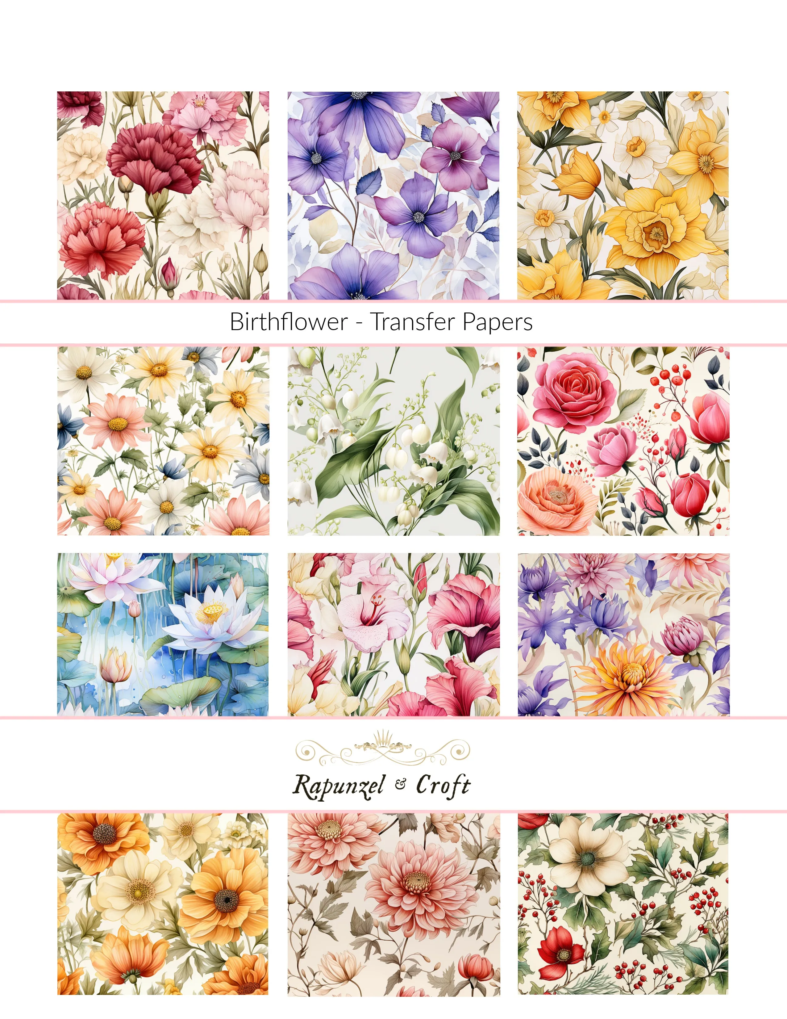 12 Month Birth flower Set Transfer Sheets