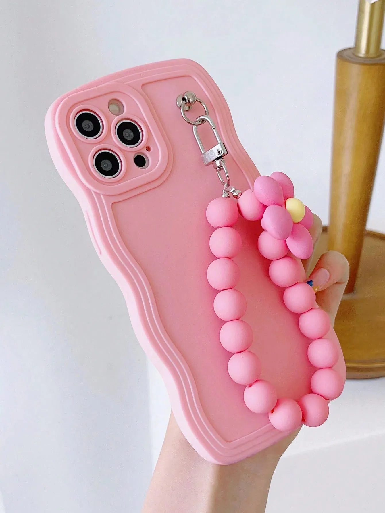 1pc Flower & Bead Decor Pink Phone Case & Lanyard