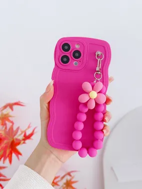 1pc Flower & Bead Decor Pink Phone Case & Lanyard