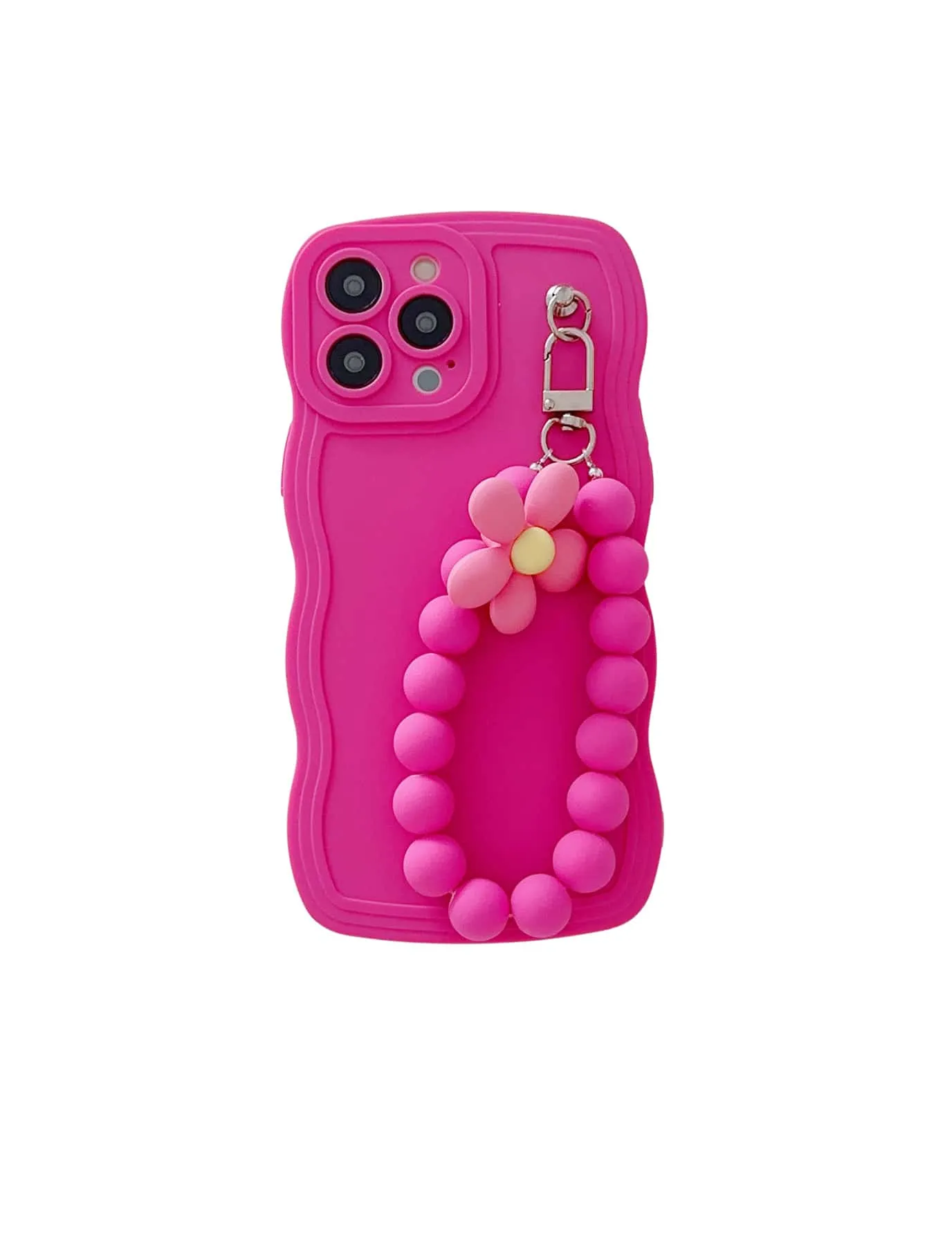 1pc Flower & Bead Decor Pink Phone Case & Lanyard