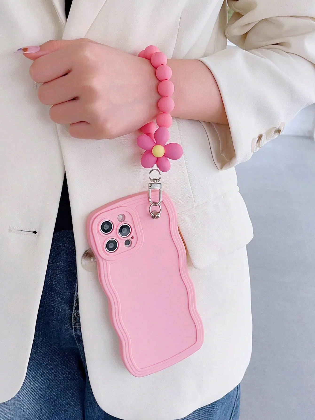 1pc Flower & Bead Decor Pink Phone Case & Lanyard