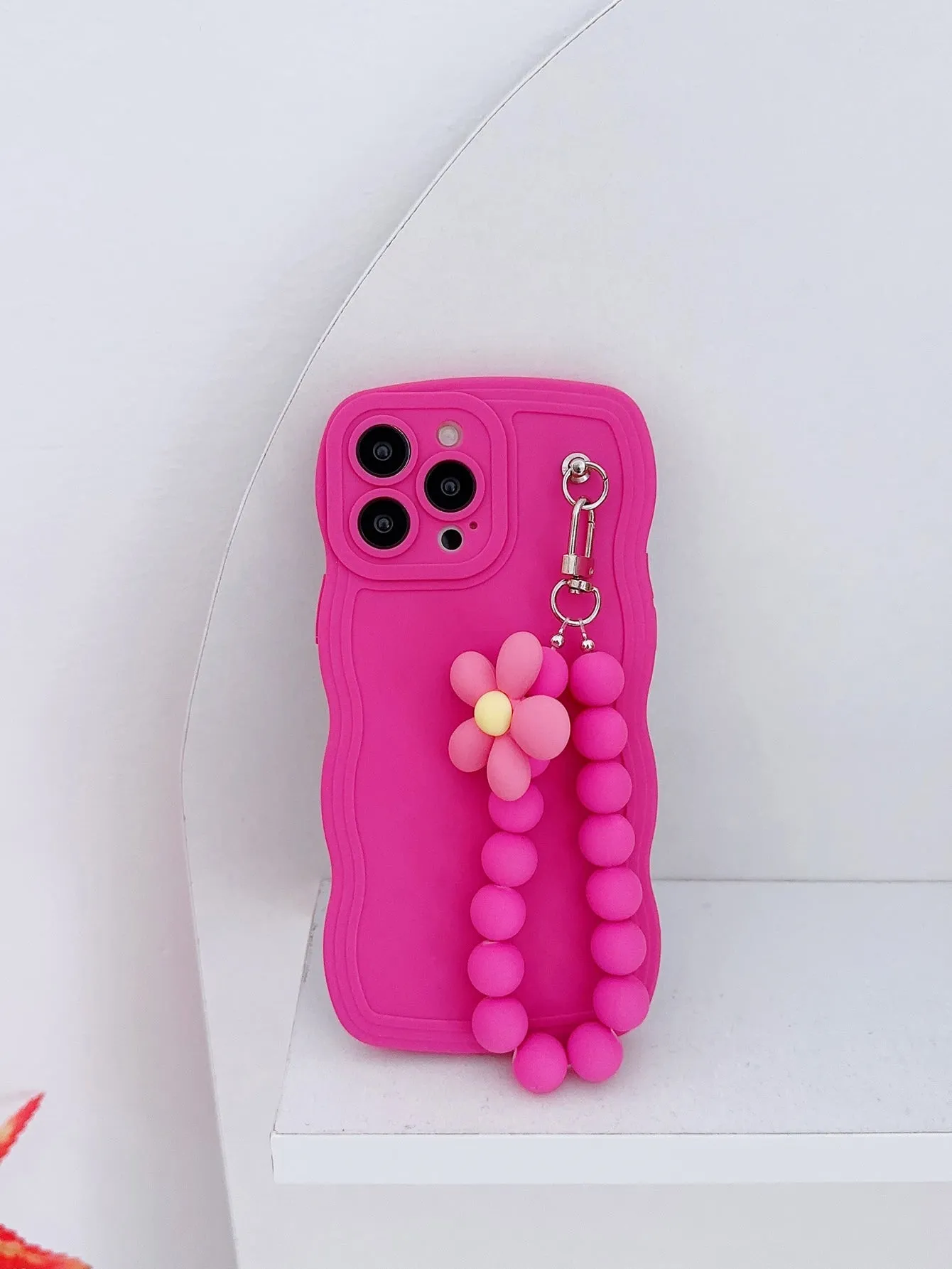 1pc Flower & Bead Decor Pink Phone Case & Lanyard