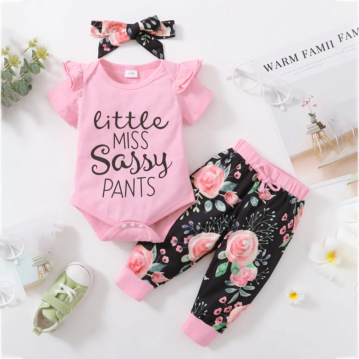 2 Pieces Set Baby Girls Letters Print Rompers And Flower Pants