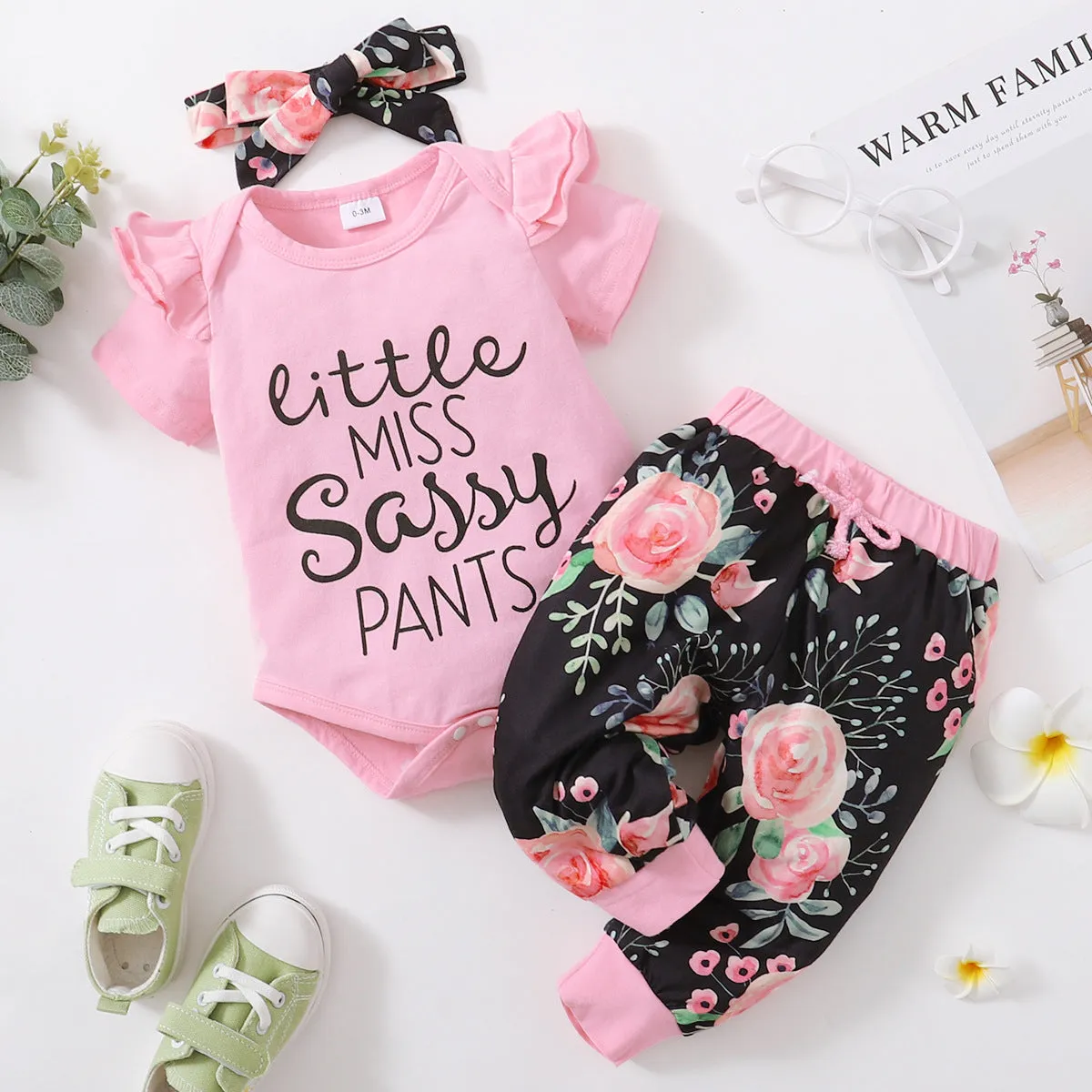 2 Pieces Set Baby Girls Letters Print Rompers And Flower Pants