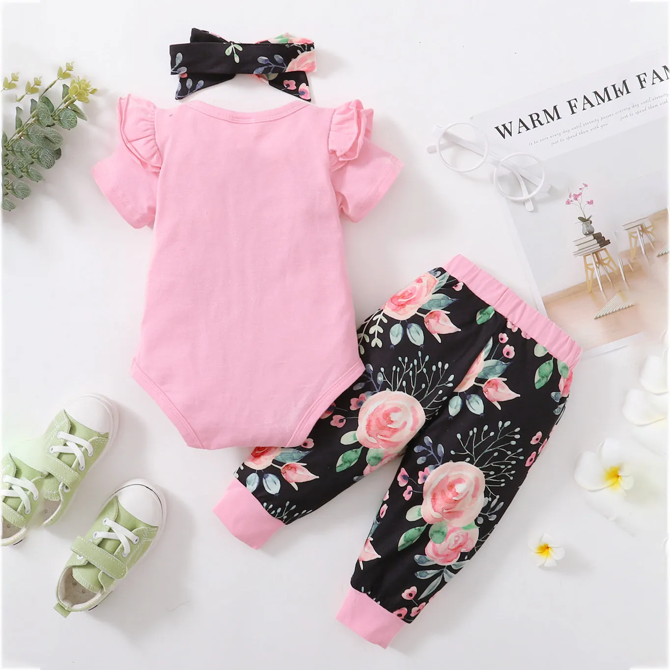 2 Pieces Set Baby Girls Letters Print Rompers And Flower Pants