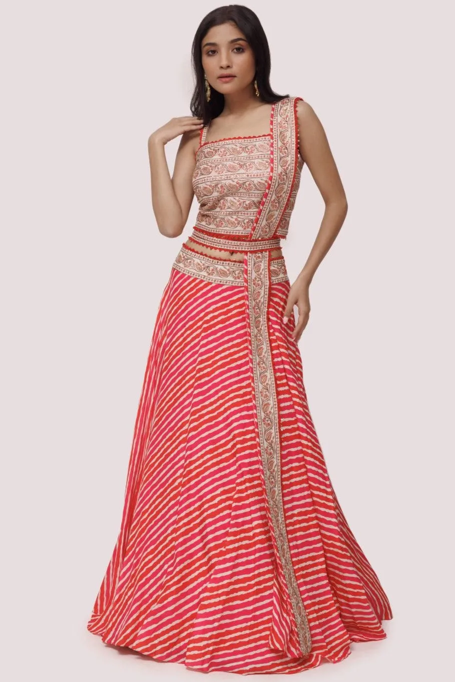 30Z344-RO Red Embroidered Silk Lehriya Lehenga with Belt