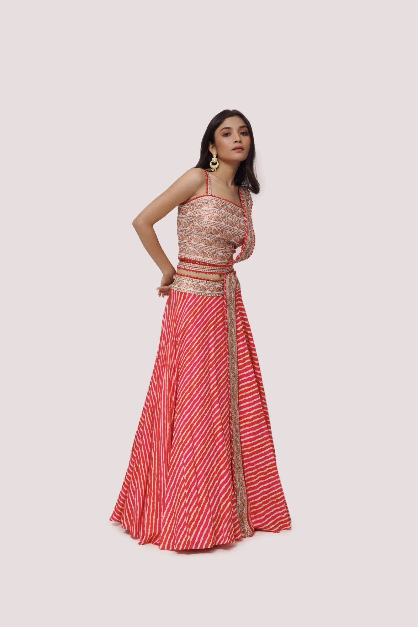 30Z344-RO Red Embroidered Silk Lehriya Lehenga with Belt