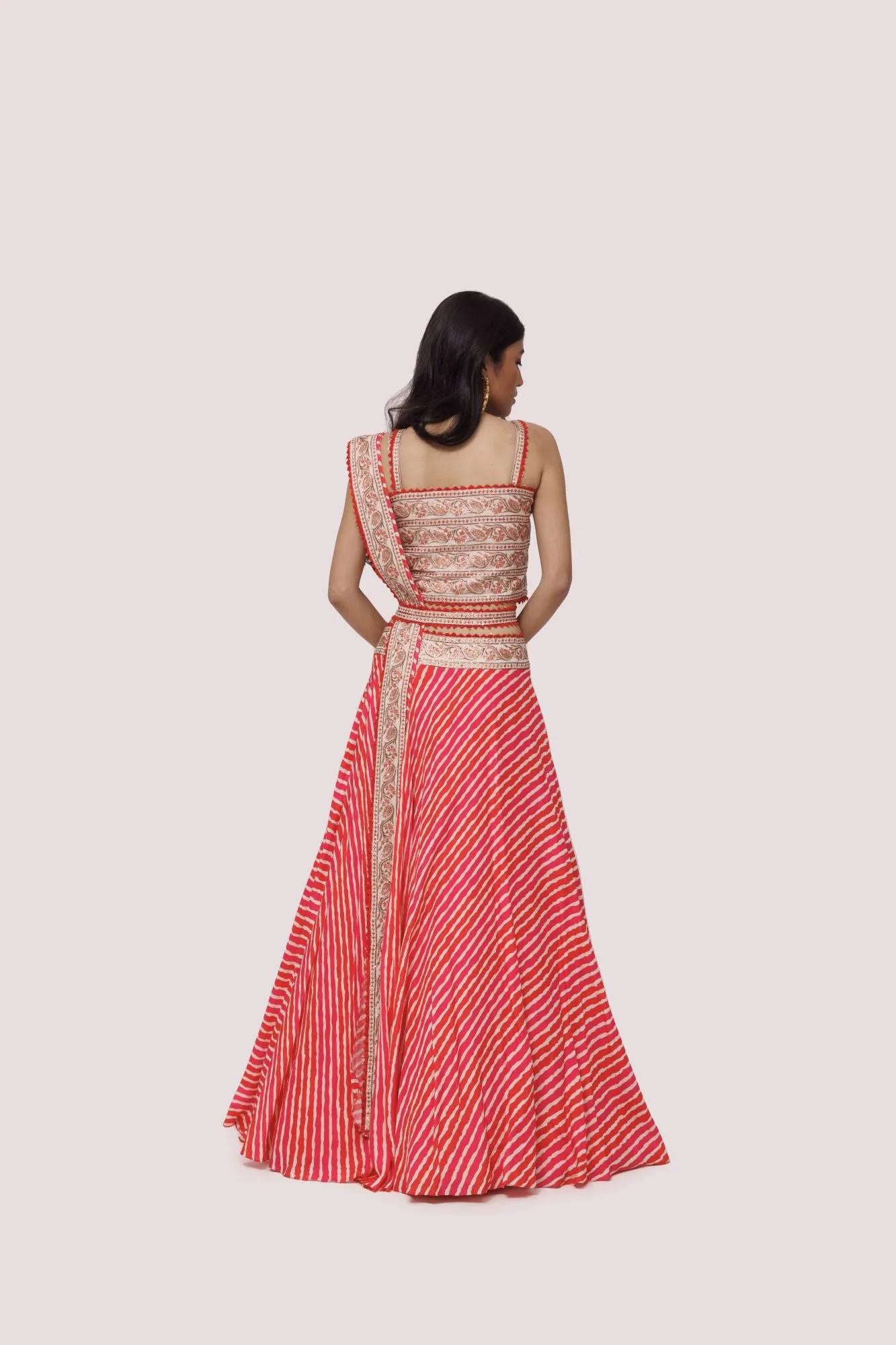 30Z344-RO Red Embroidered Silk Lehriya Lehenga with Belt