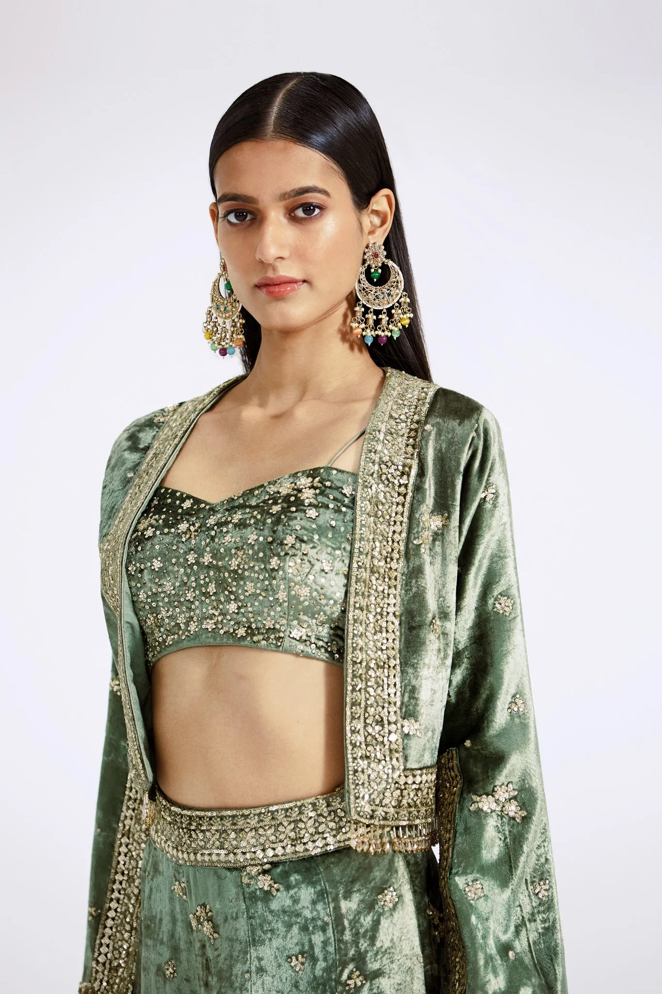 30Z364-RO Green Embroidered Contemporary Velvet Sharara Set with Cape