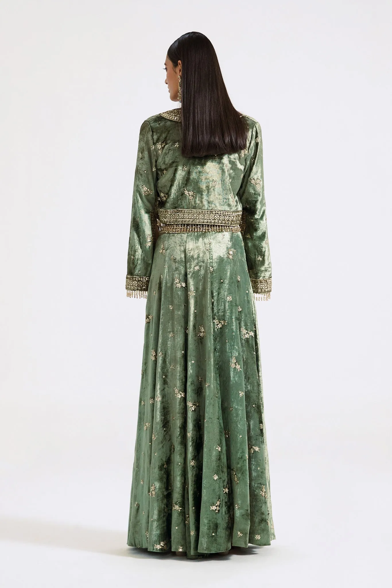 30Z364-RO Green Embroidered Contemporary Velvet Sharara Set with Cape