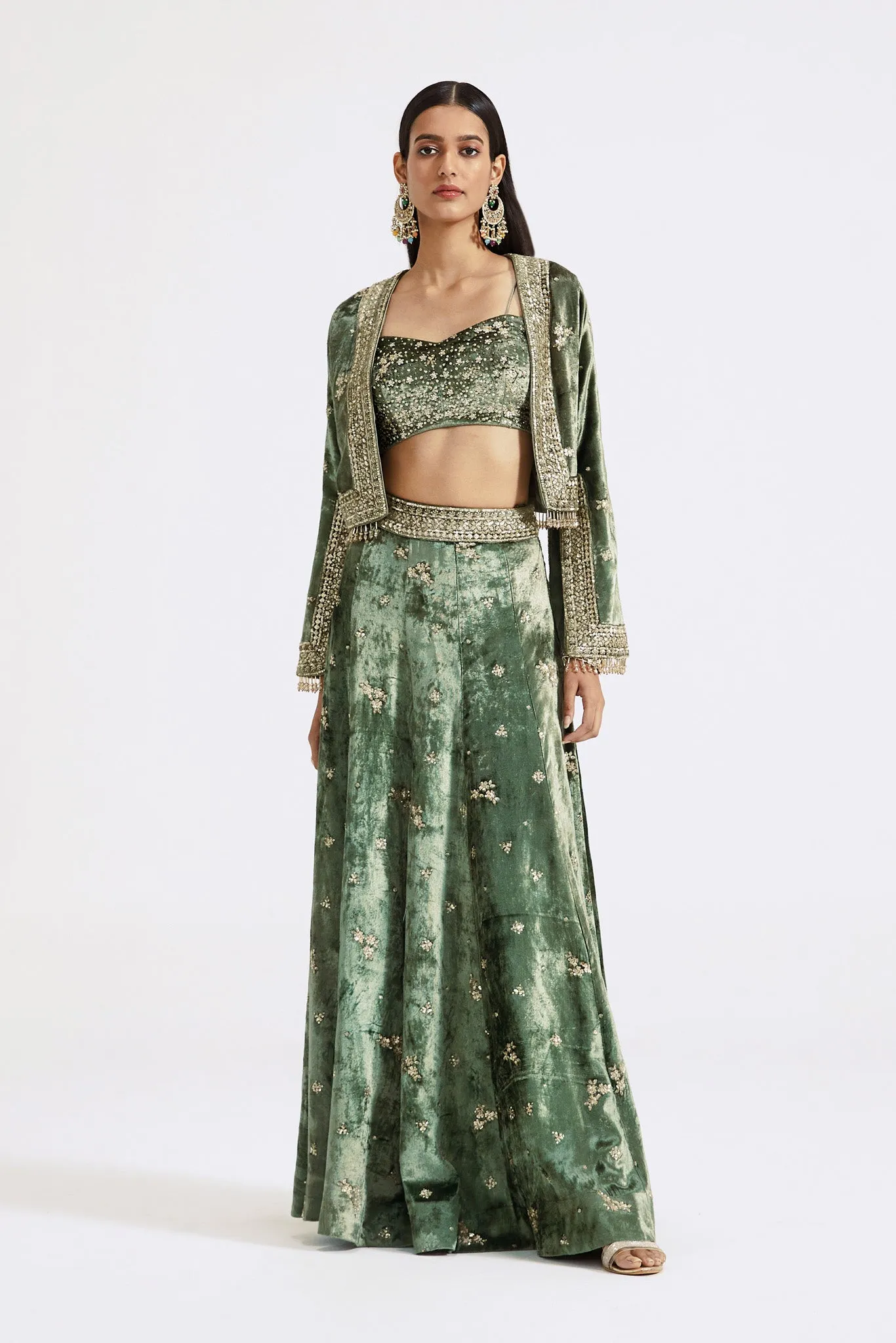 30Z364-RO Green Embroidered Contemporary Velvet Sharara Set with Cape