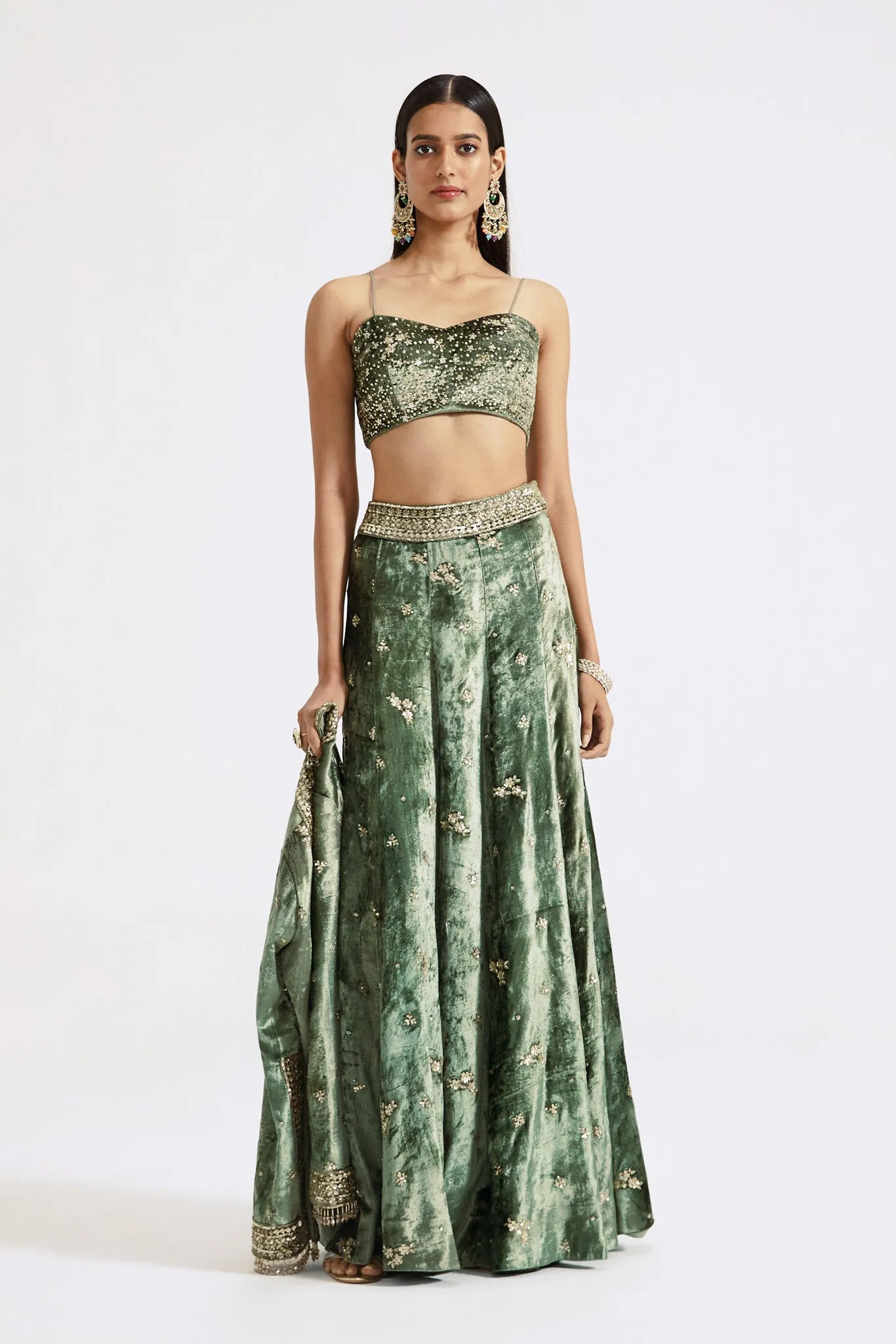 30Z364-RO Green Embroidered Contemporary Velvet Sharara Set with Cape