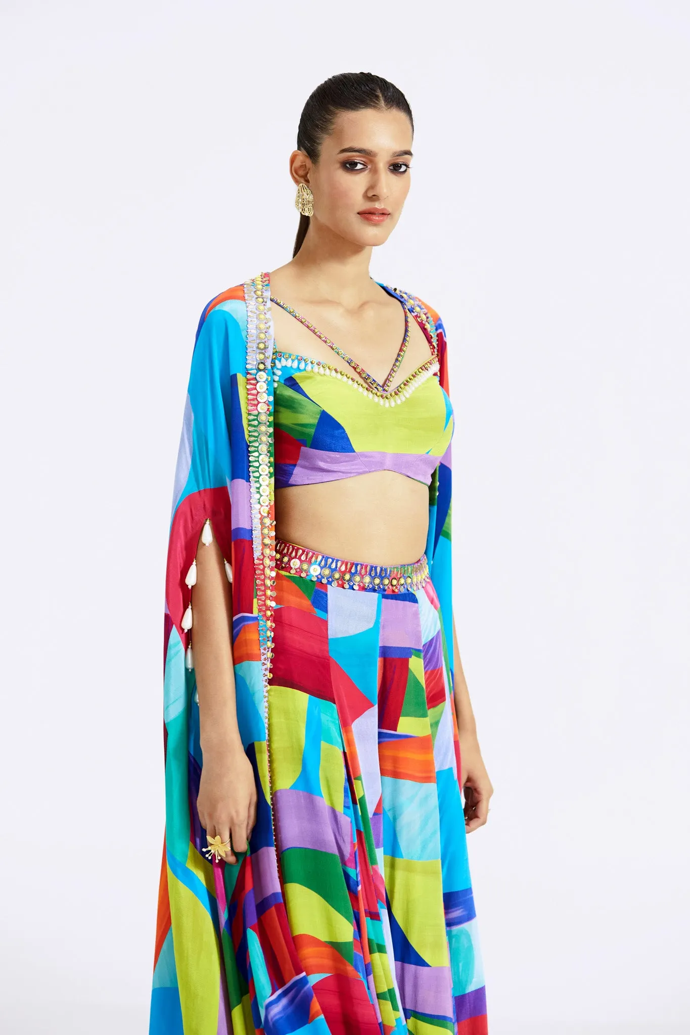 30Z371-RO Multicolor Print Crepe Skirt Set with Cape