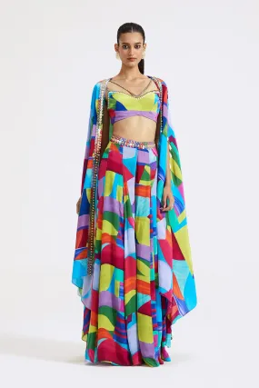 30Z371-RO Multicolor Print Crepe Skirt Set with Cape