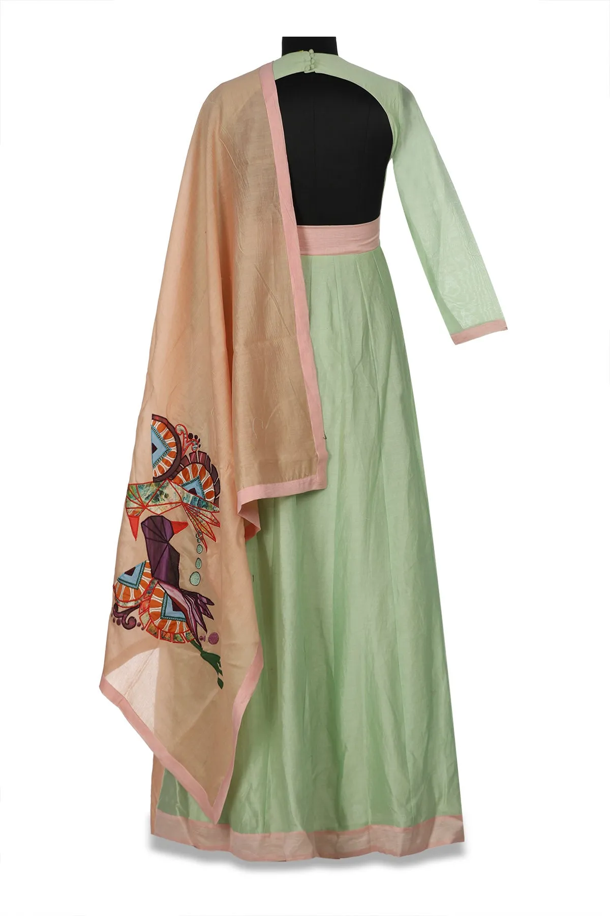 50Z186-RO Pastel Green Embroidered Chanderi Anarkali with Peach Dupatta