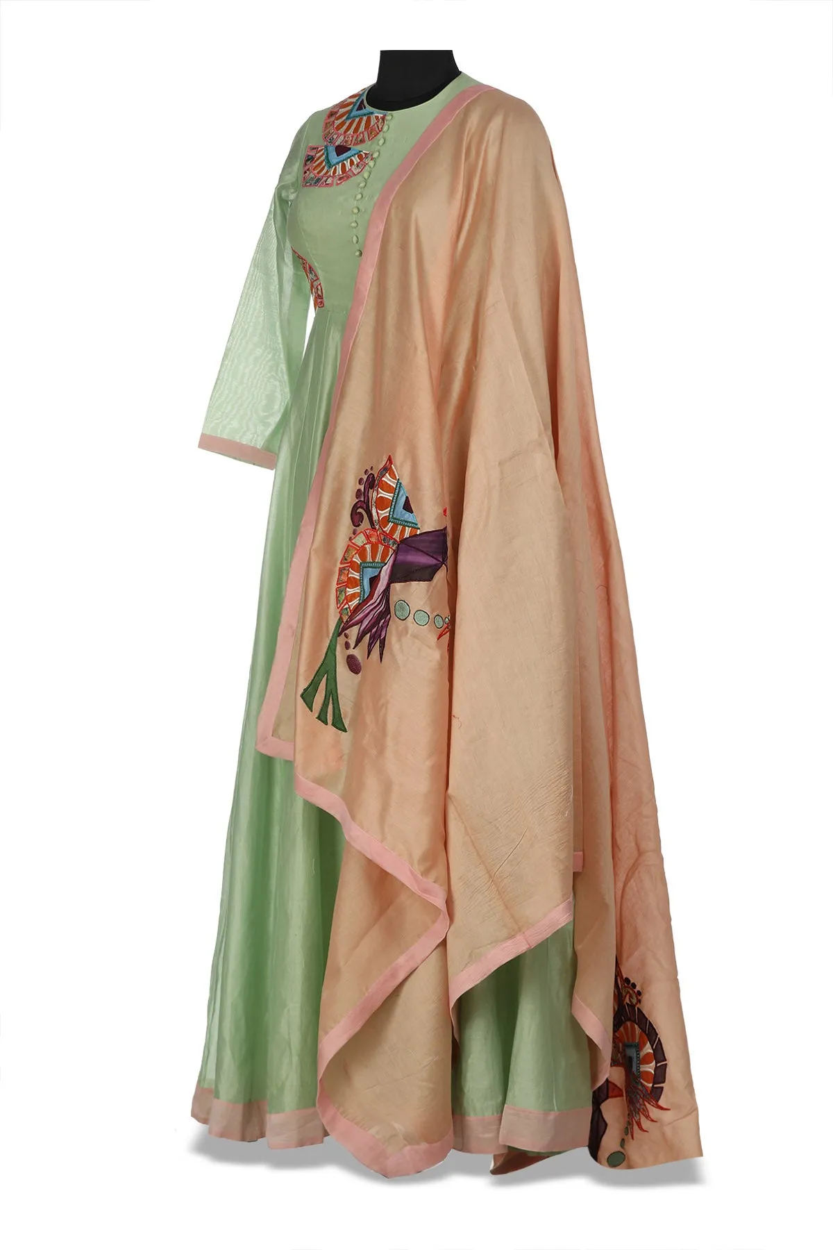 50Z186-RO Pastel Green Embroidered Chanderi Anarkali with Peach Dupatta