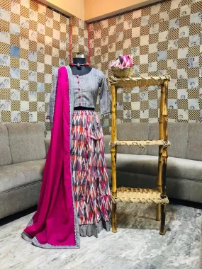 50Z201-NRO Grey and Pink Bagru Print Cotton Skirt Set with Dupatta