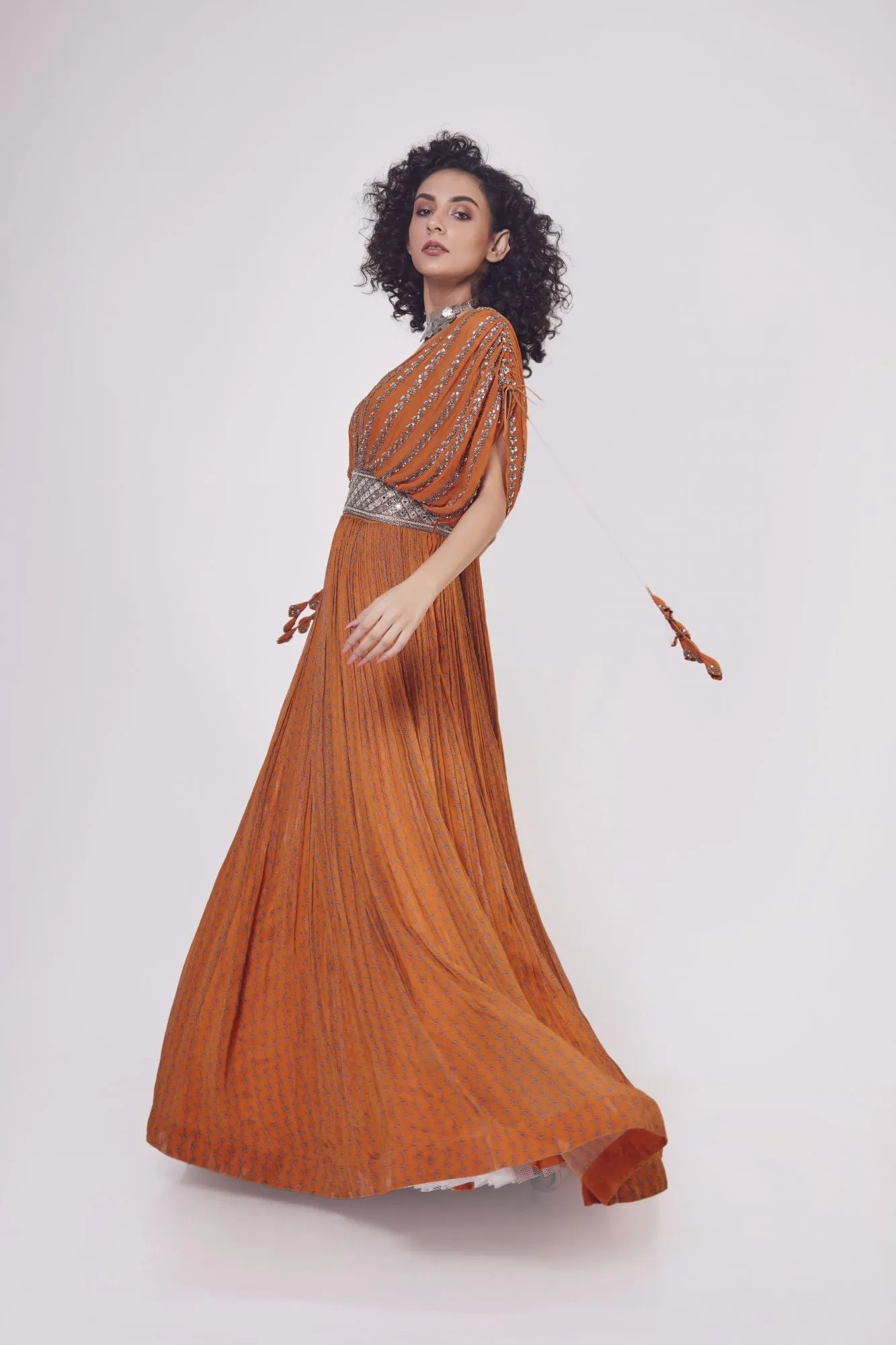 50Z922-RO Orange Sequin Work Georgette Gown