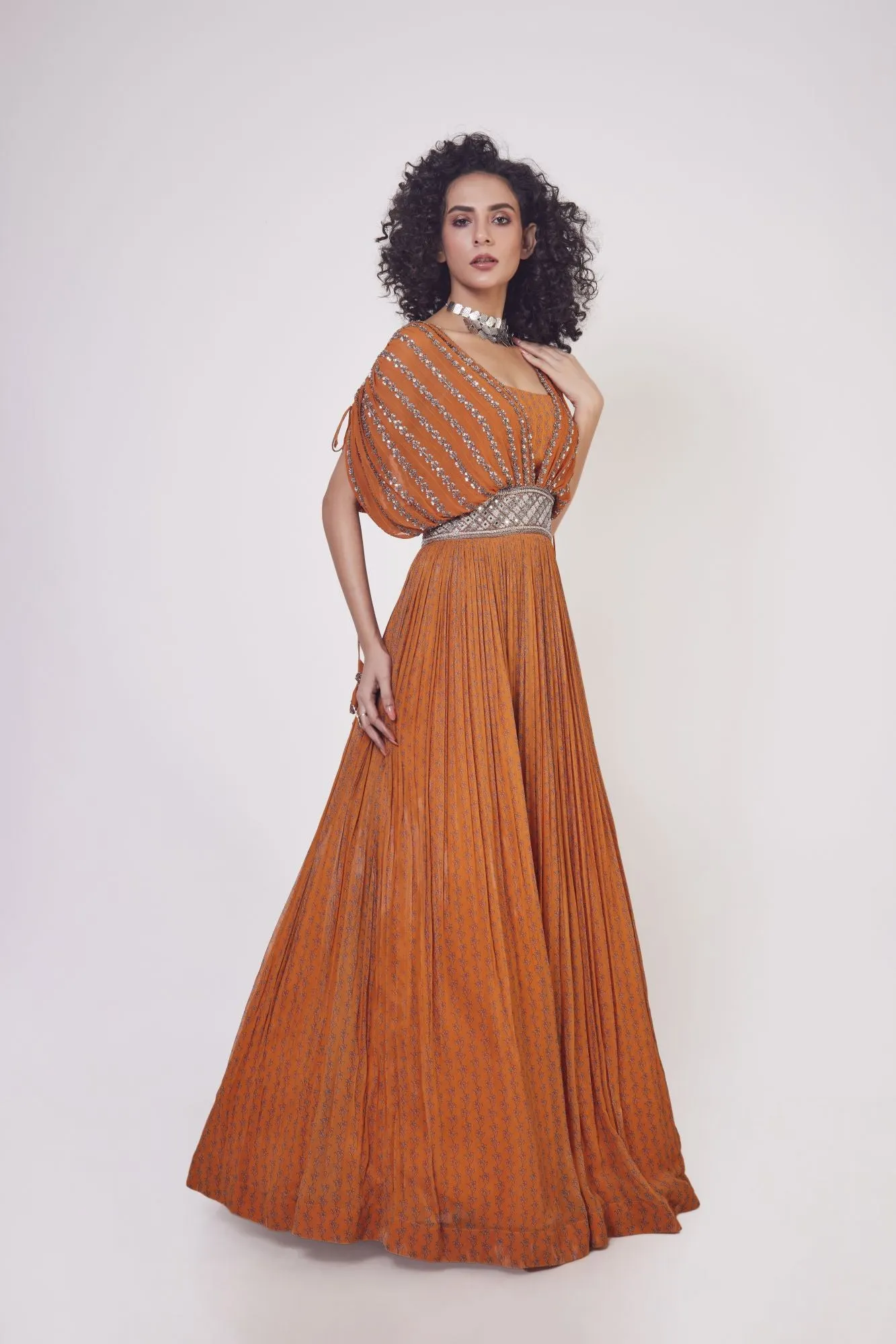 50Z922-RO Orange Sequin Work Georgette Gown