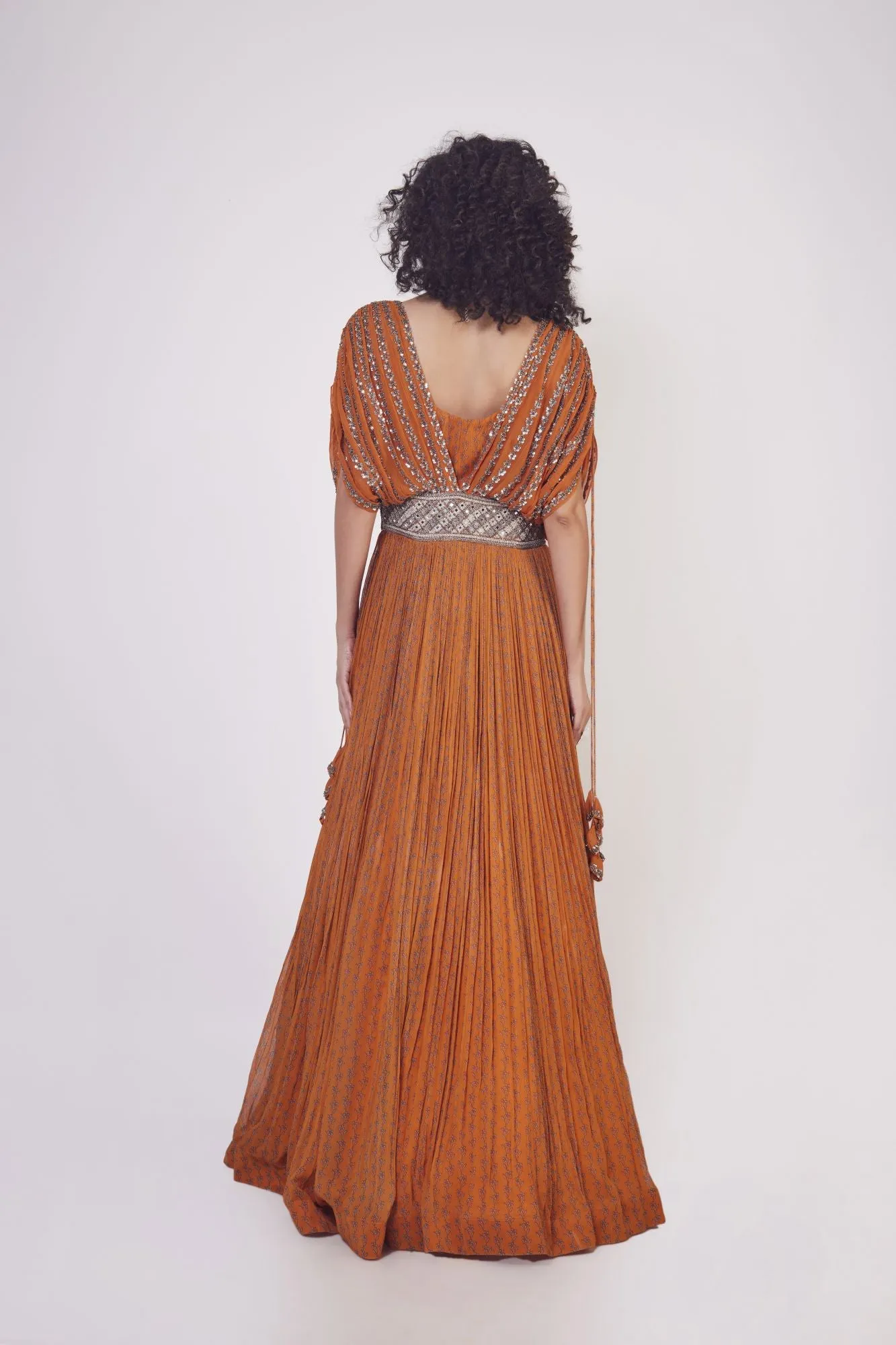 50Z922-RO Orange Sequin Work Georgette Gown