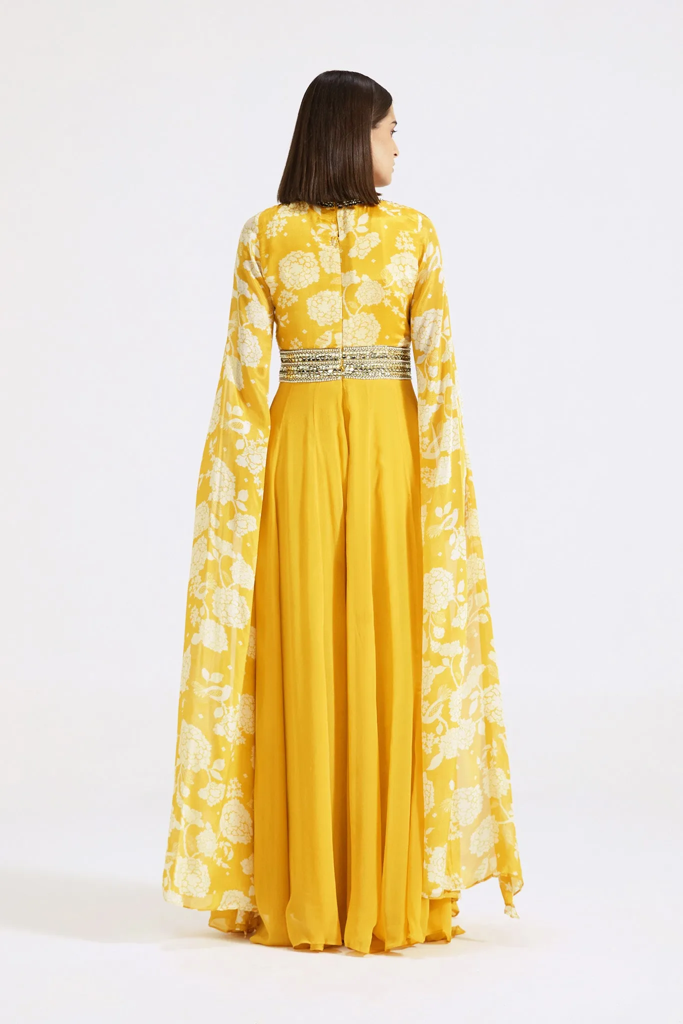 51Z022-RO Yellow Printed Chinon Jumpsuit with Cape Sleeves