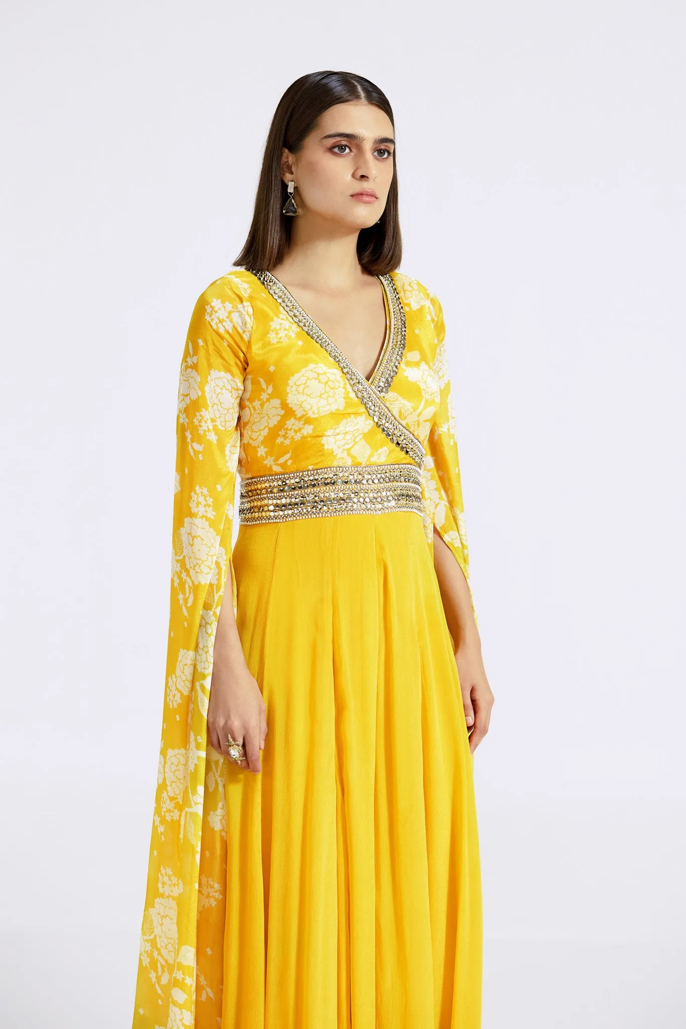 51Z022-RO Yellow Printed Chinon Jumpsuit with Cape Sleeves