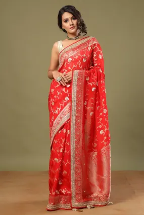 90Z516-RO Bright Red Banarasi Saree with Embroidered Border