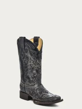 A2402 - WOMEN'S BLACK EMBROIDERY SNAKE INLAY SQUARE TOE COWBOY BOOT