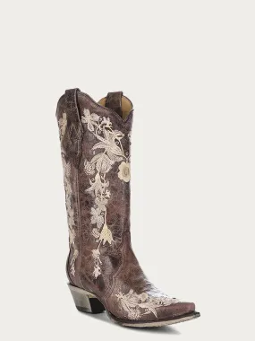 A3572 - WOMEN'S WHITE FLORAL EMBROIDERY AND CRYSTALS BROWN COWBOY BOOT