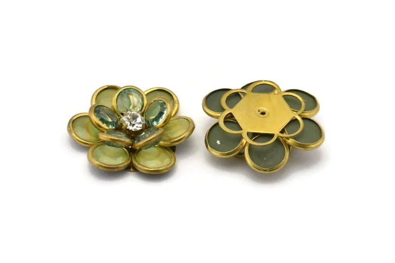 Ab Lucite And Brass Frame Caged Rhinestone Flower Flatback Beads, Cabochons (32mm) B-21