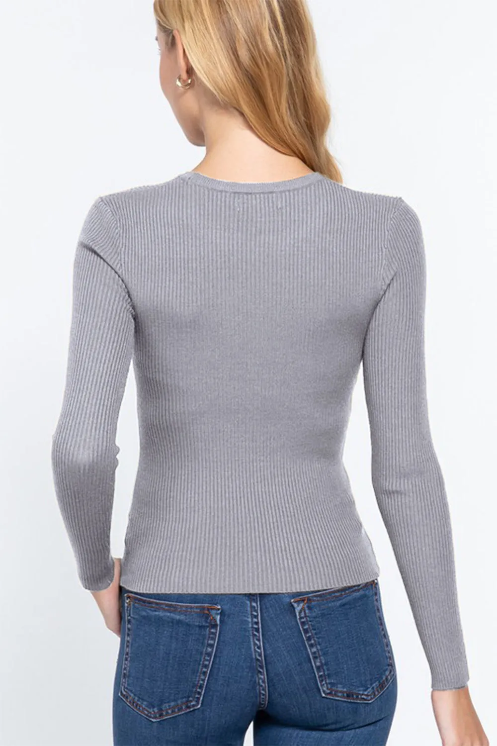 Active Basic Full Size Ribbed Round Neck Long Sleeve Knit Top