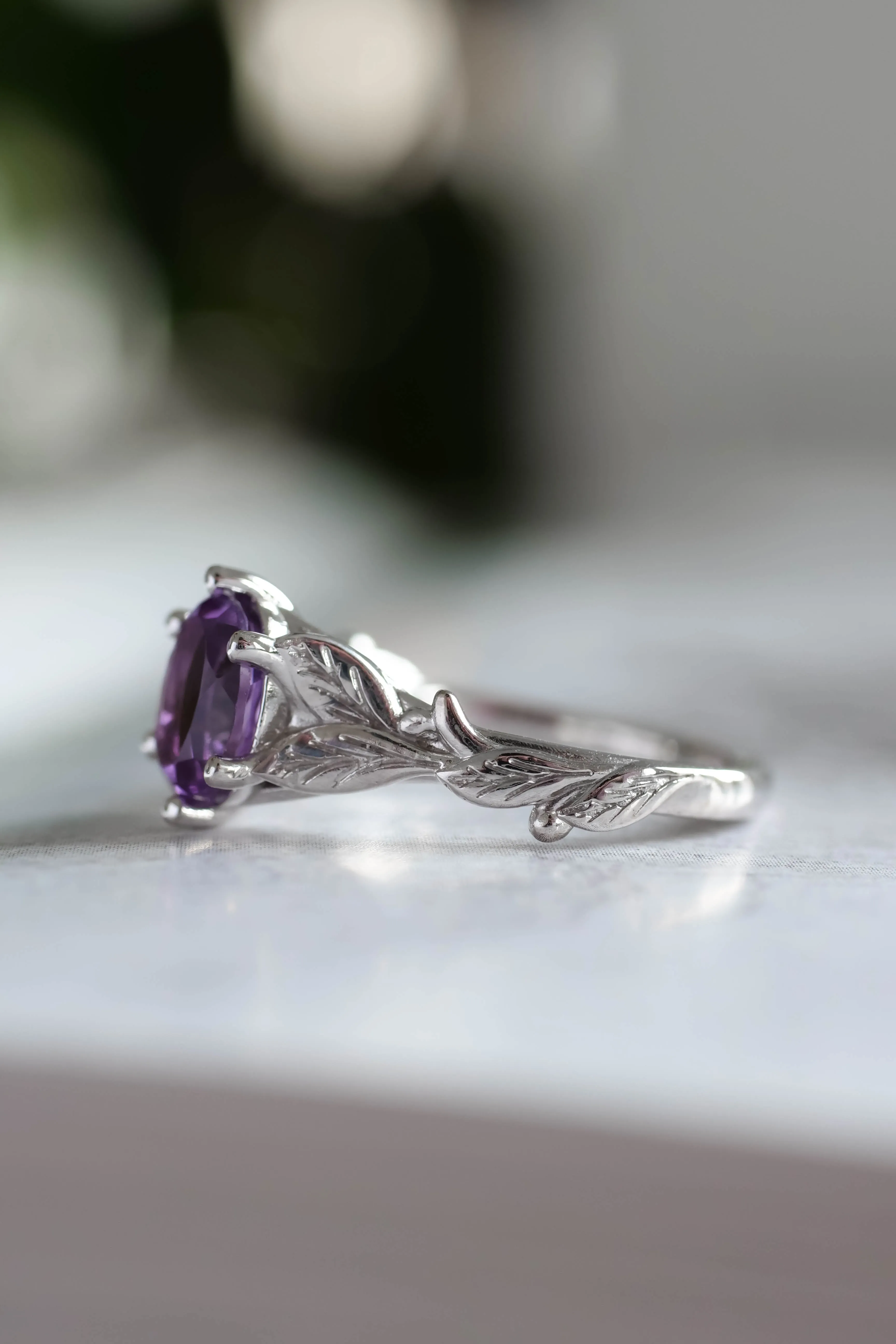 Amethyst engagement ring white gold, engagement rings with leaves / Freesia