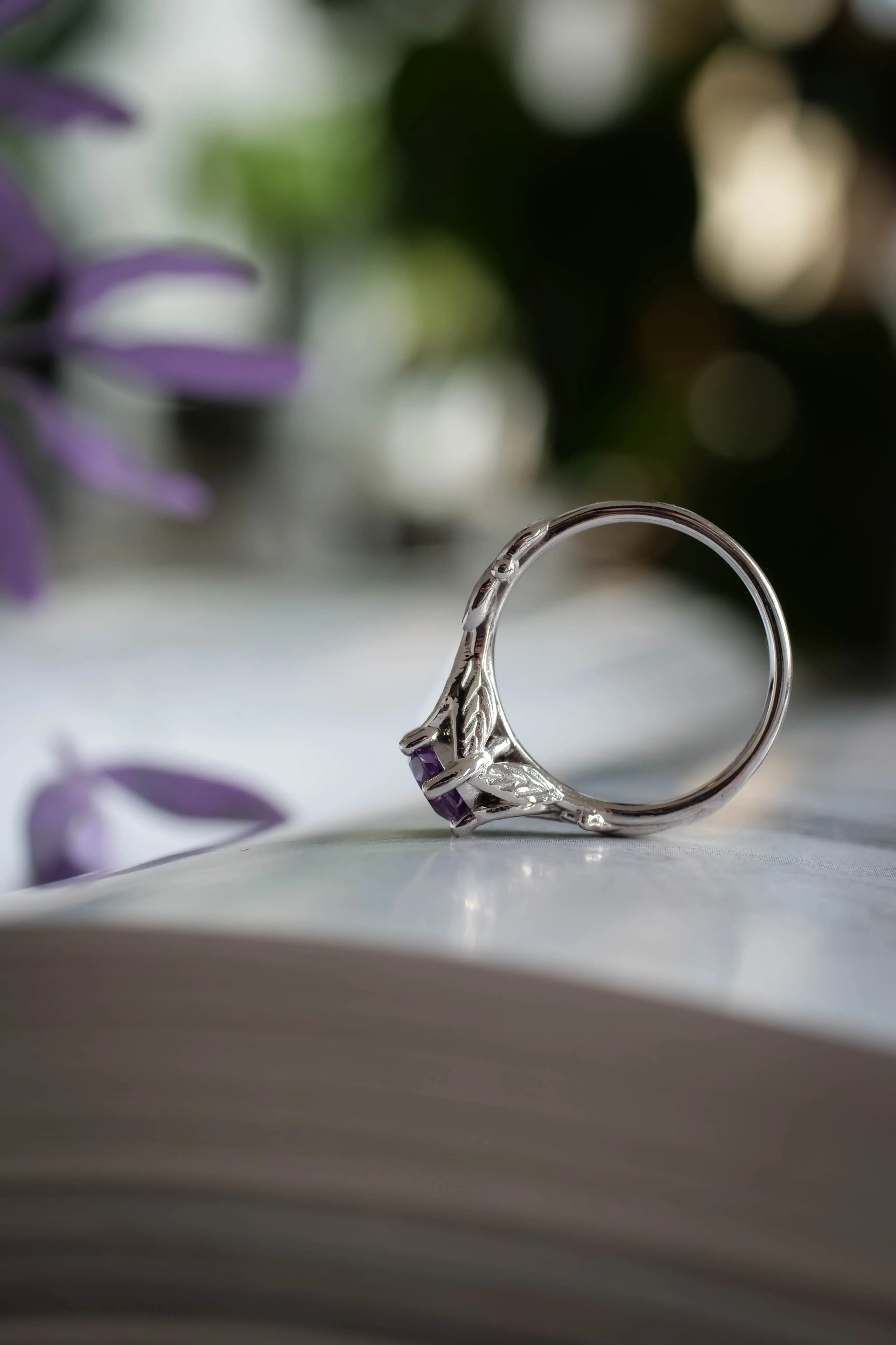 Amethyst engagement ring white gold, engagement rings with leaves / Freesia