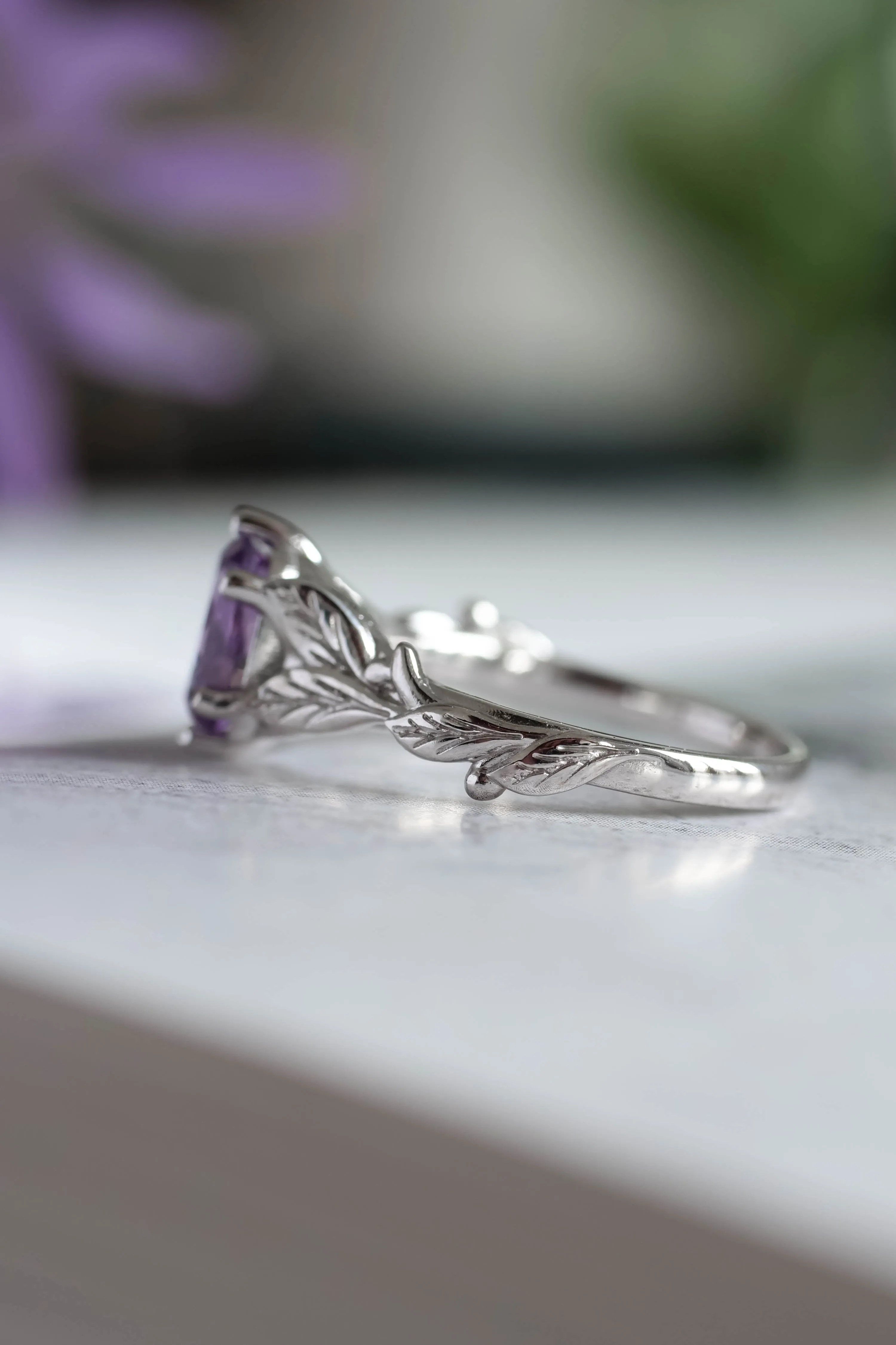 Amethyst engagement ring white gold, engagement rings with leaves / Freesia