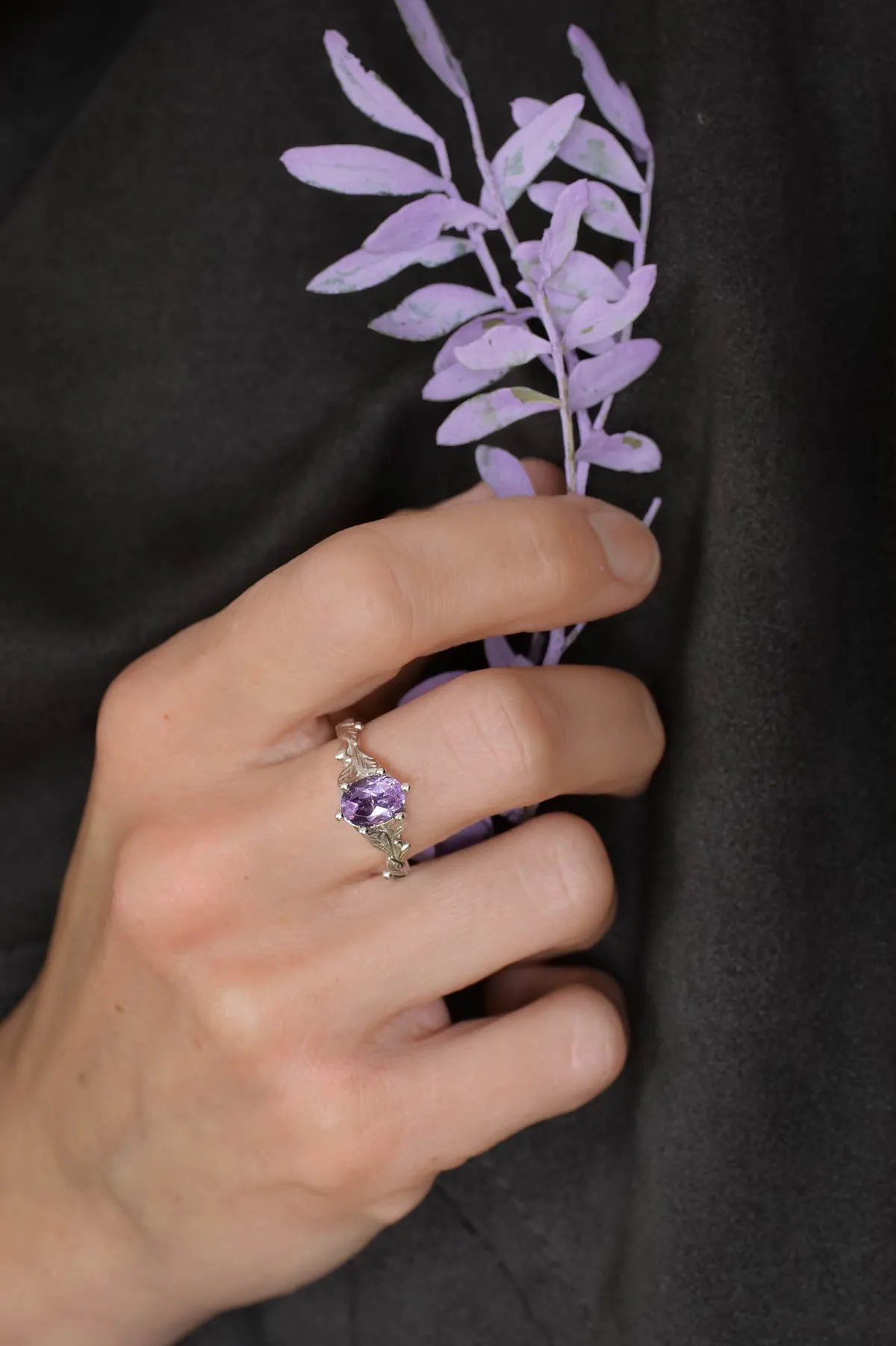 Amethyst engagement ring white gold, engagement rings with leaves / Freesia