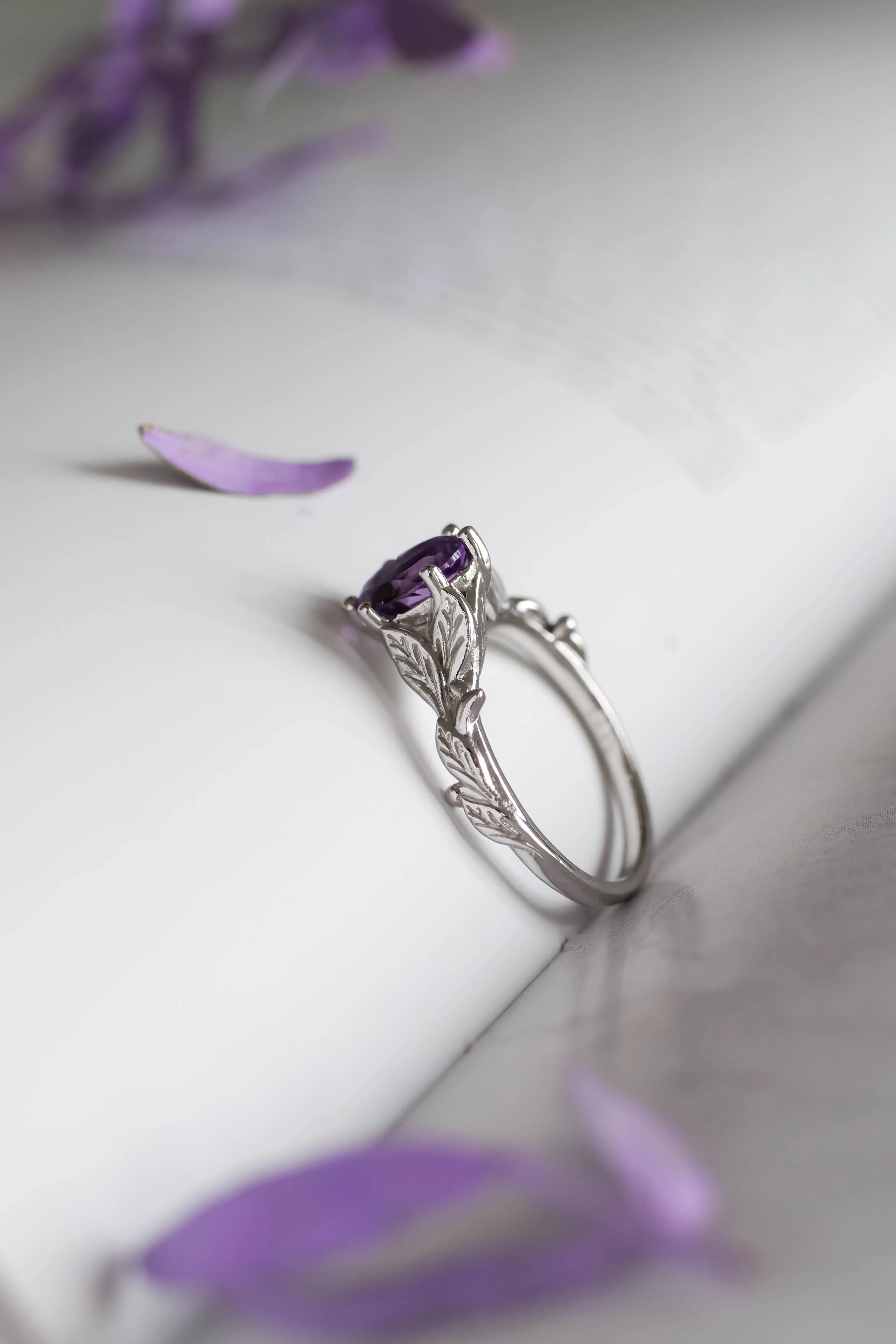 Amethyst engagement ring white gold, engagement rings with leaves / Freesia