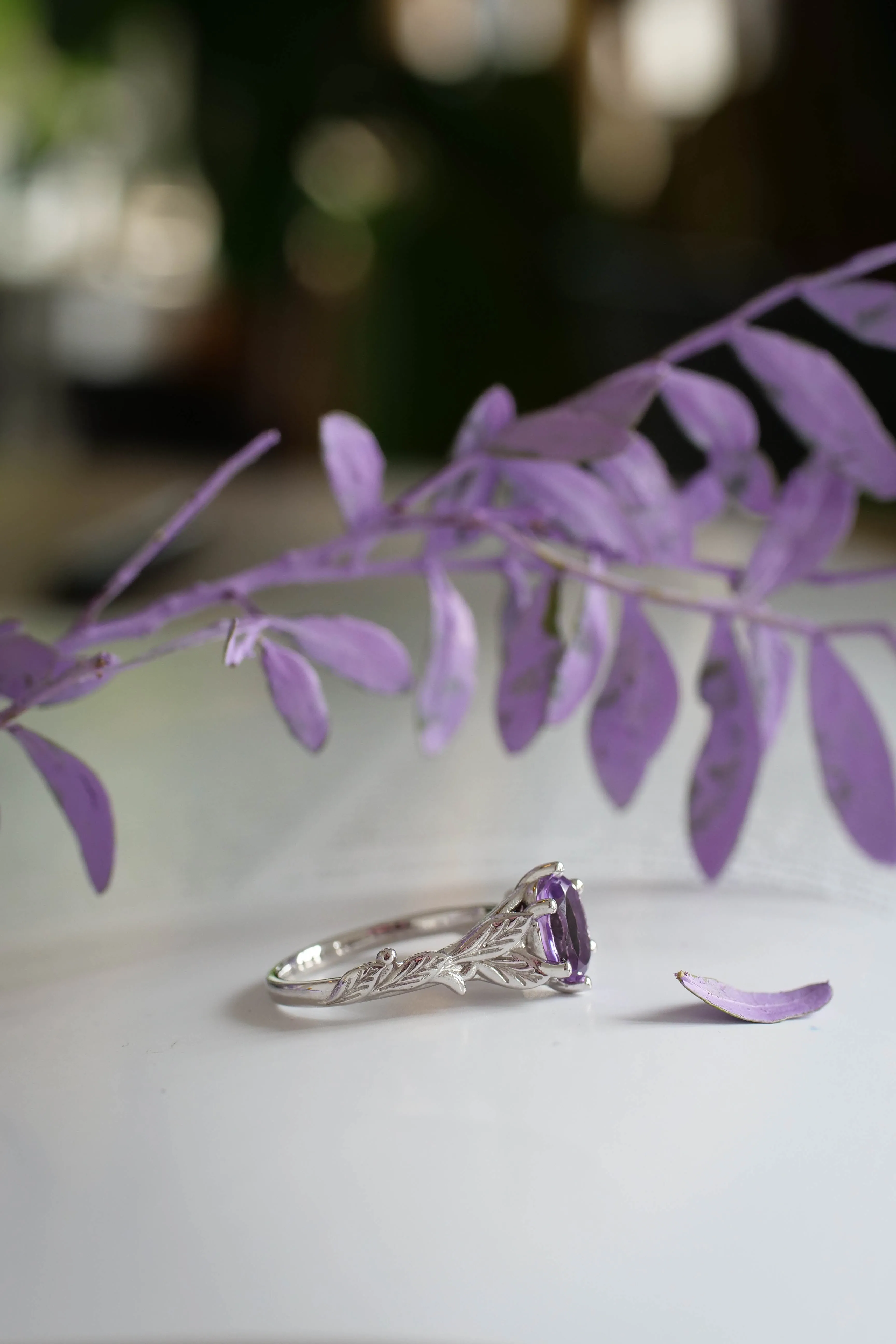 Amethyst engagement ring white gold, engagement rings with leaves / Freesia