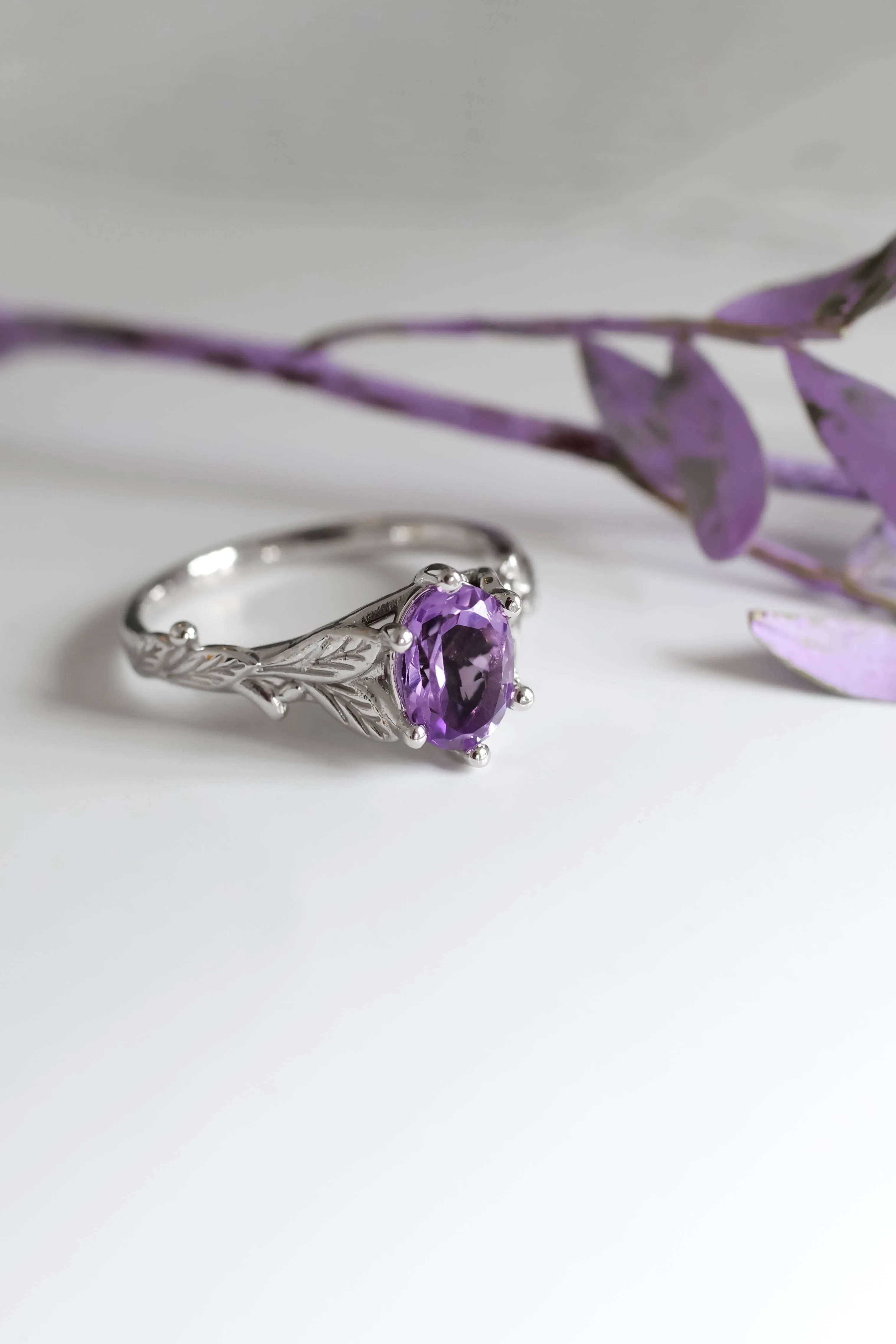 Amethyst engagement ring white gold, engagement rings with leaves / Freesia