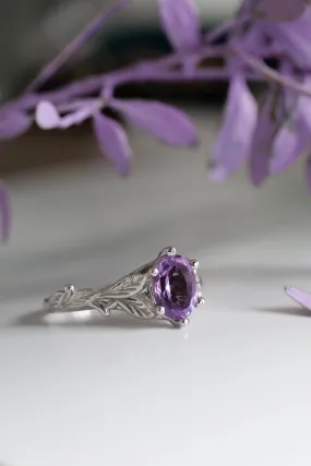 Amethyst engagement ring white gold, engagement rings with leaves / Freesia