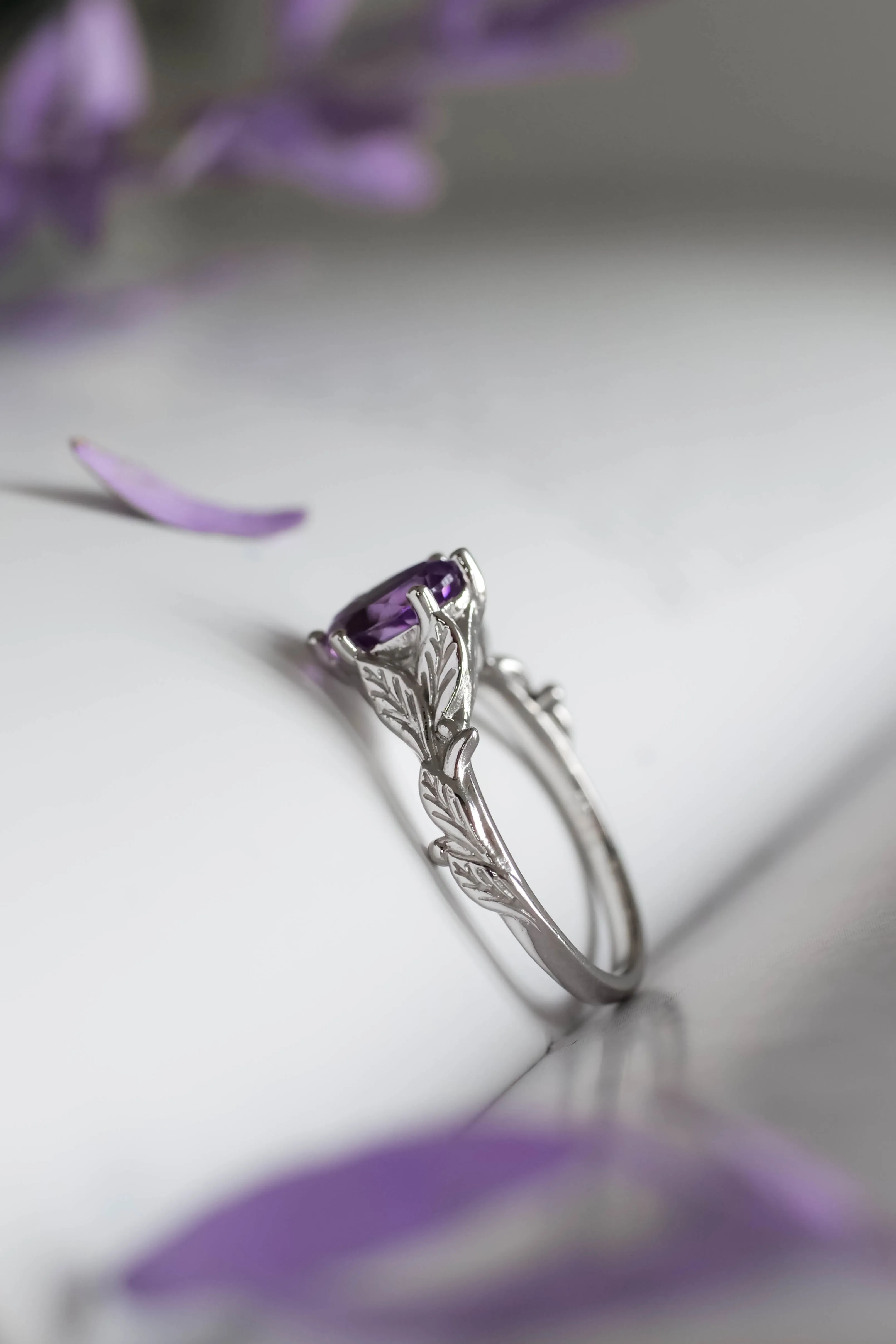 Amethyst engagement ring white gold, engagement rings with leaves / Freesia