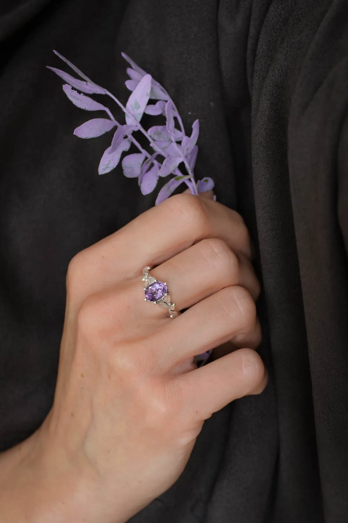 Amethyst engagement ring white gold, engagement rings with leaves / Freesia