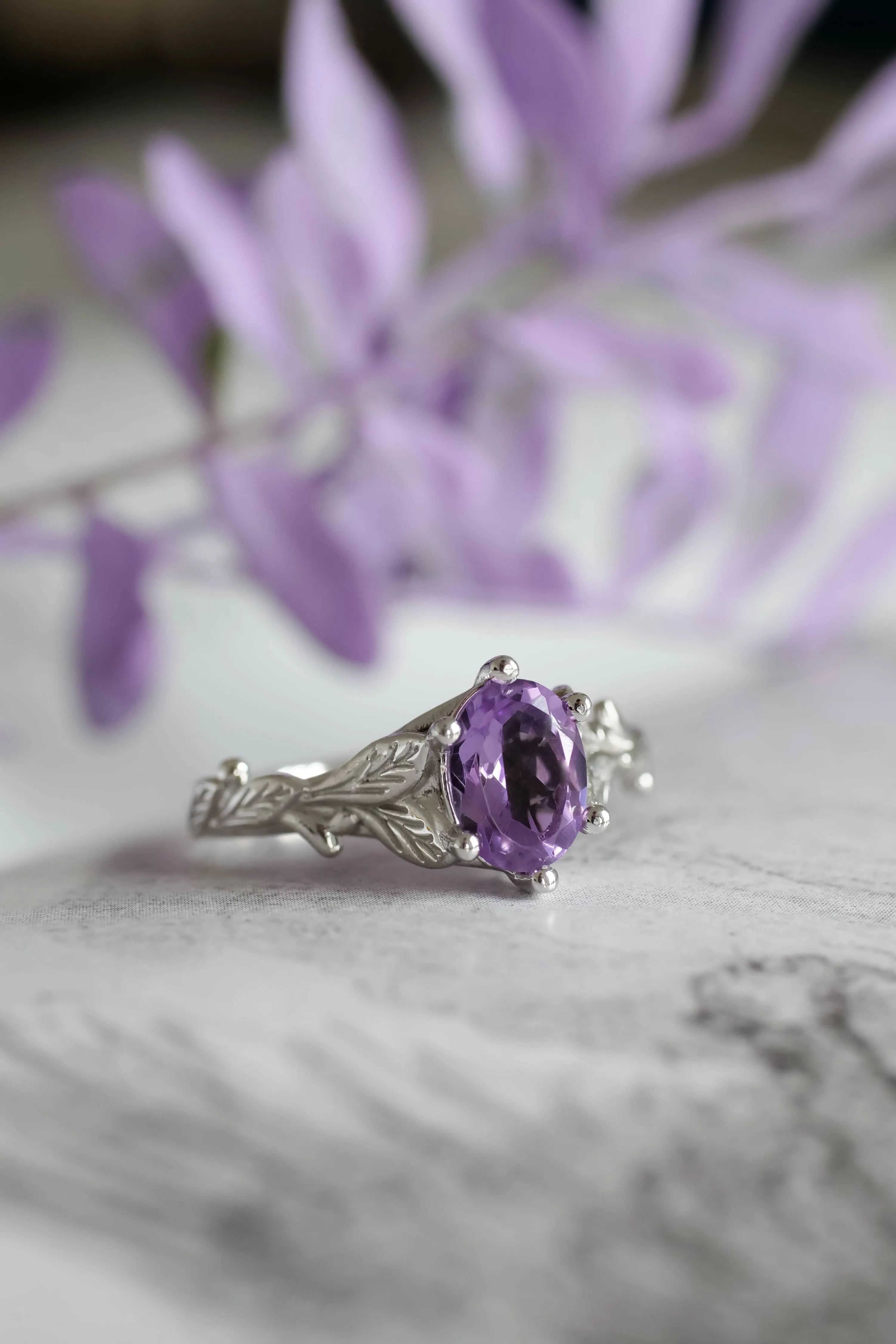 Amethyst engagement ring white gold, engagement rings with leaves / Freesia