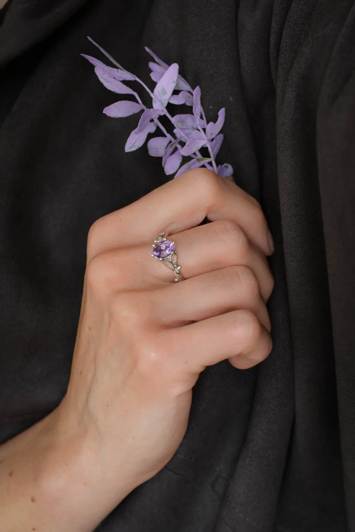 Amethyst engagement ring white gold, engagement rings with leaves / Freesia