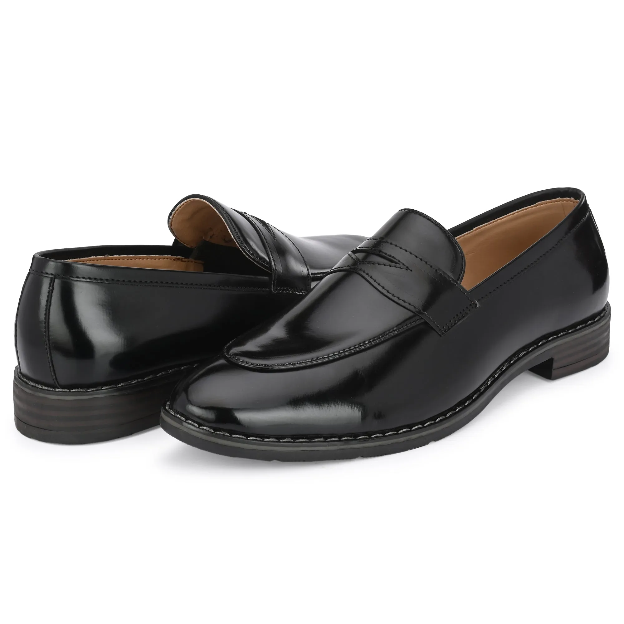 Attitudist Unisex Handcrafted Glossy Black Penny Loafer With Double Stitched Welts