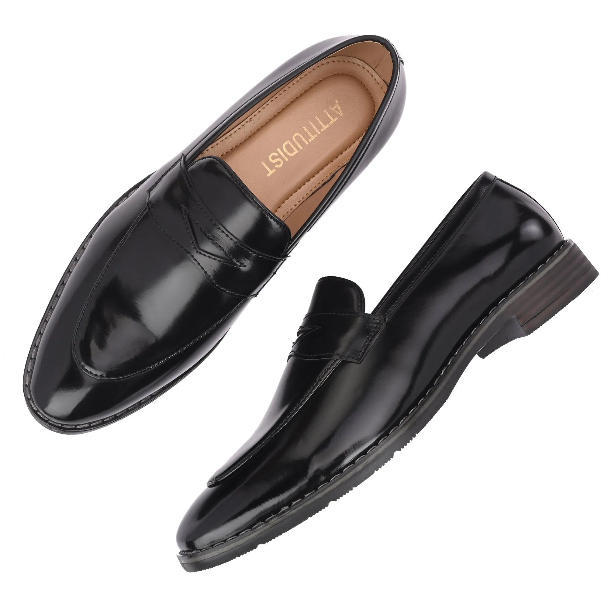 Attitudist Unisex Handcrafted Glossy Black Penny Loafer With Double Stitched Welts