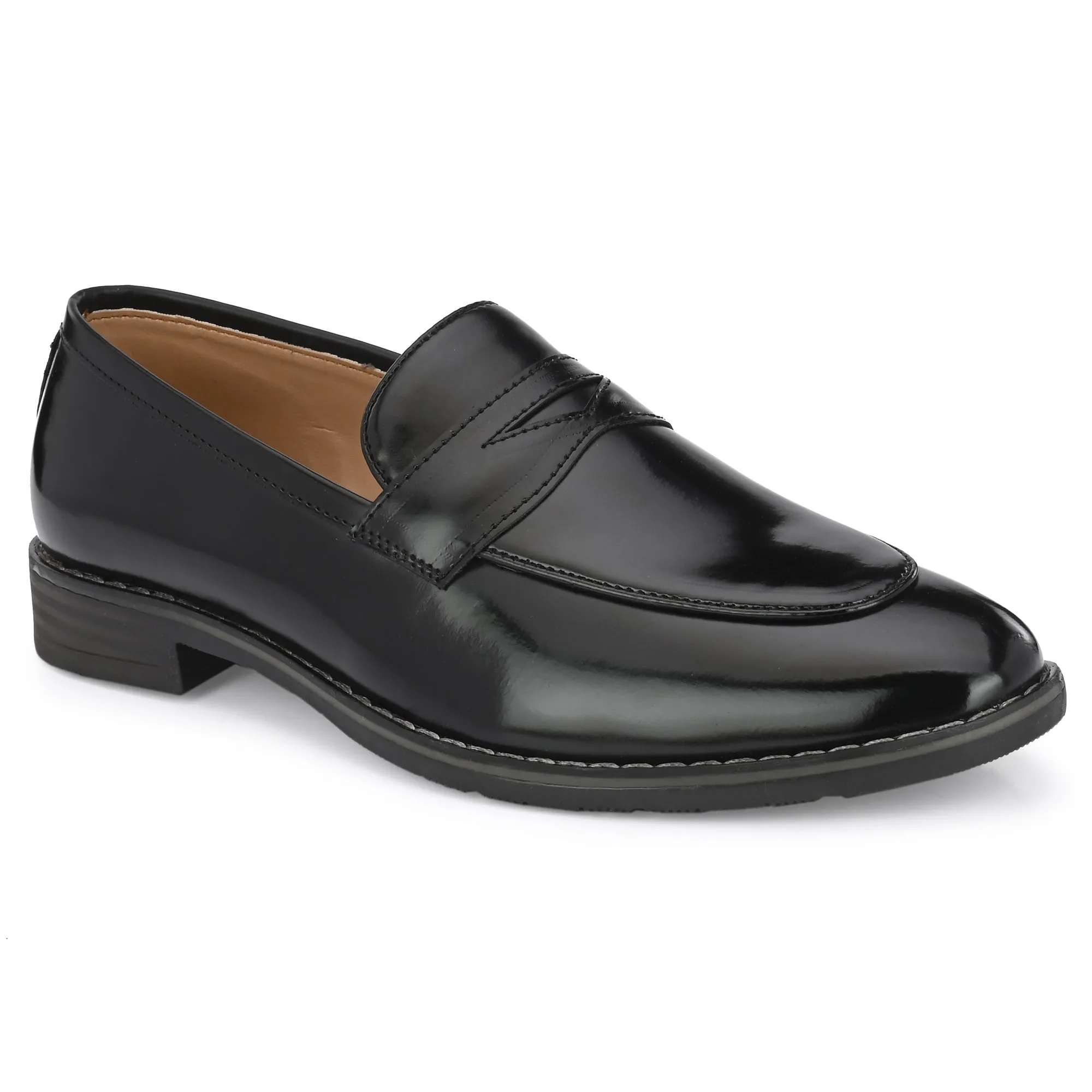 Attitudist Unisex Handcrafted Glossy Black Penny Loafer With Double Stitched Welts