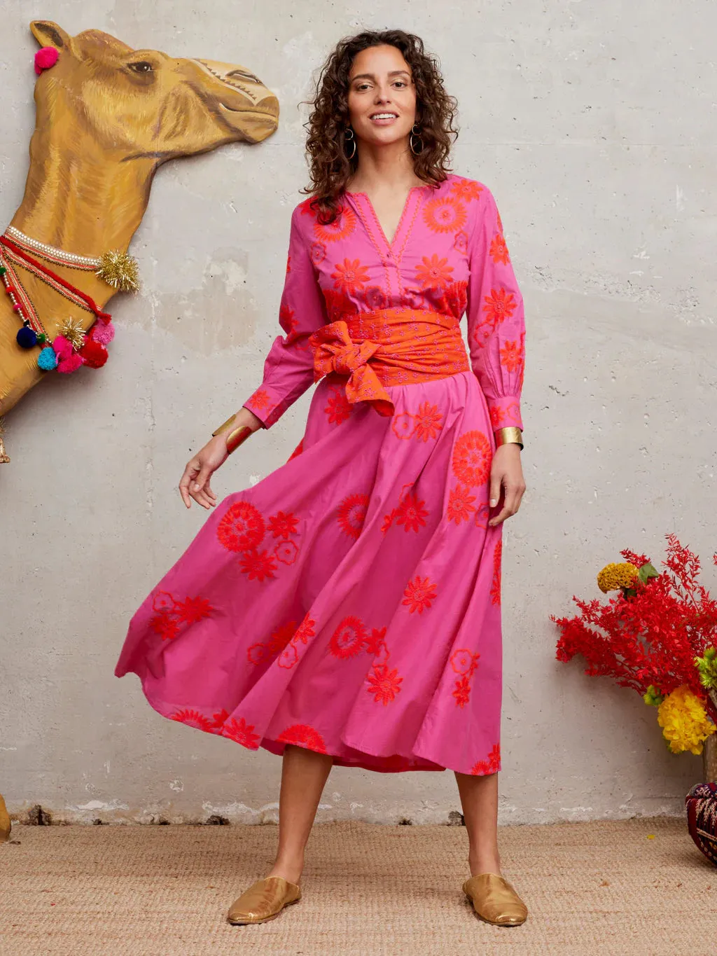 Azurite Embroidered Flower Dress in pink/orange by Nimo