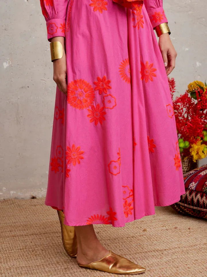 Azurite Embroidered Flower Dress in pink/orange by Nimo