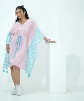 Baby pink blue handblock printed modal kaftan