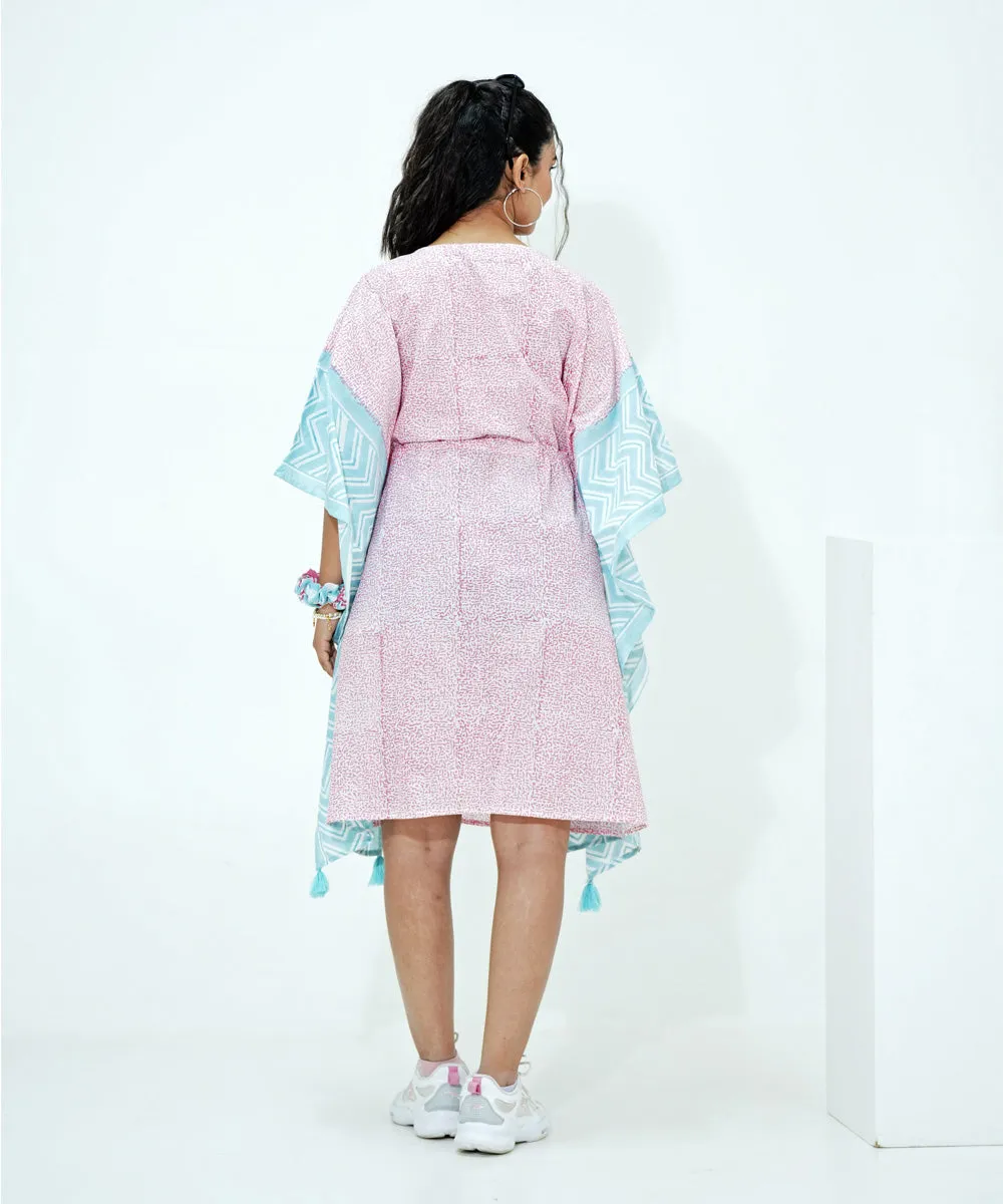 Baby pink blue handblock printed modal kaftan